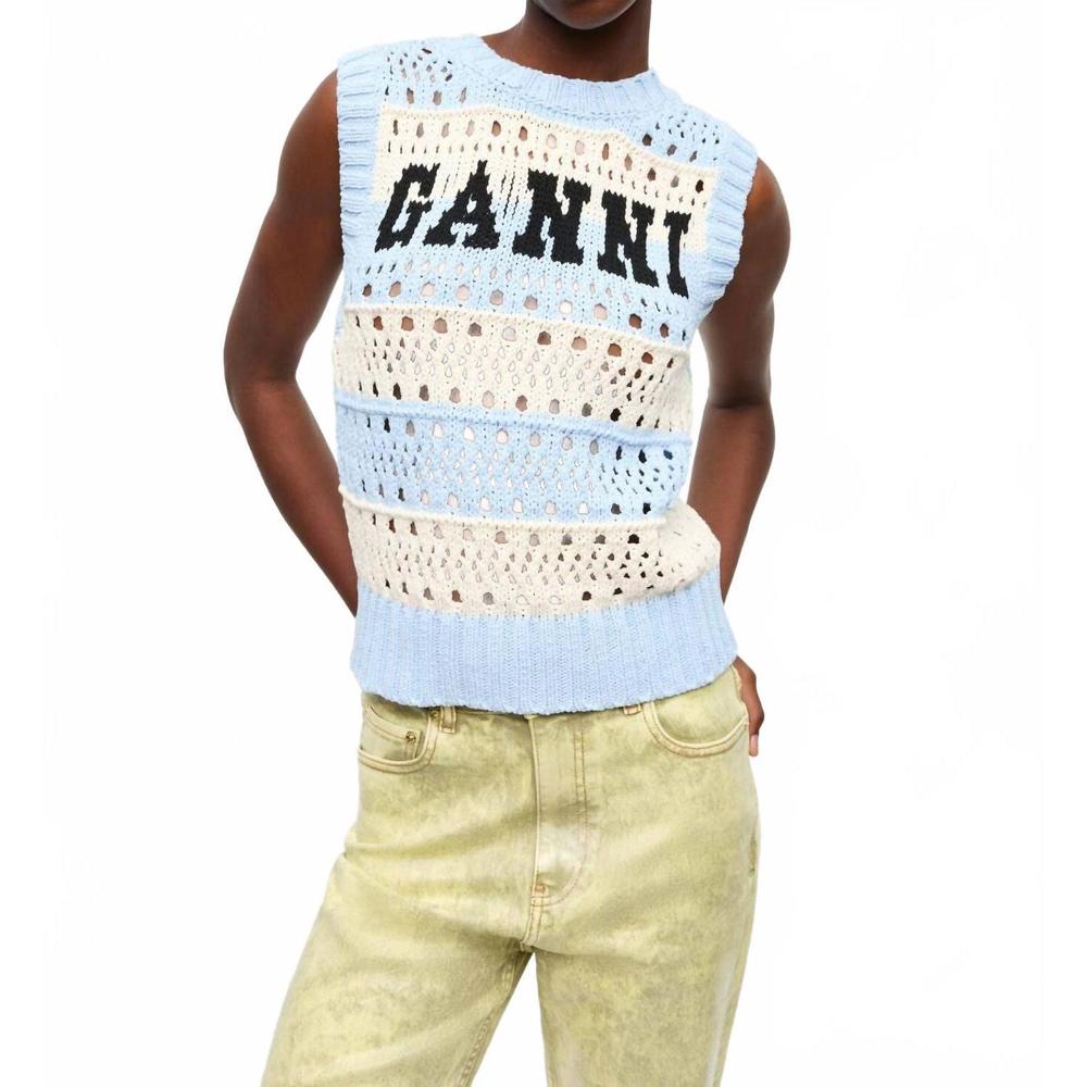 NEW GANNI cotton crew neck vest in soft chambray